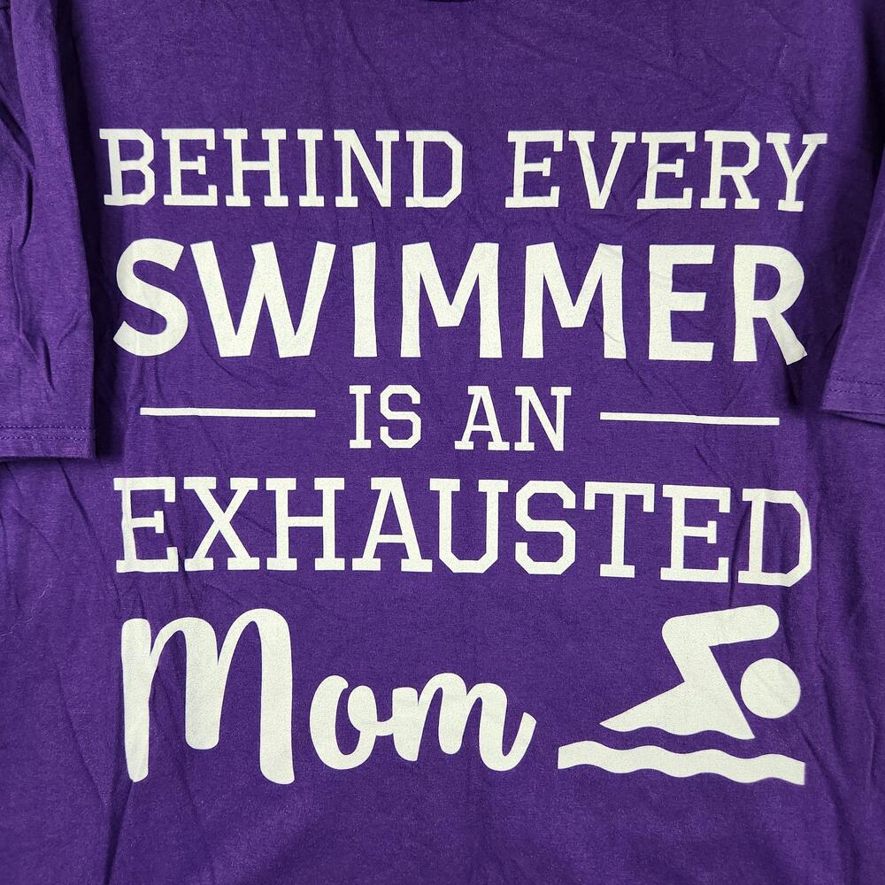 Behind Every Swimmer Exhausted Mom Shirt Womens XL Purple Graphic Sports Funny